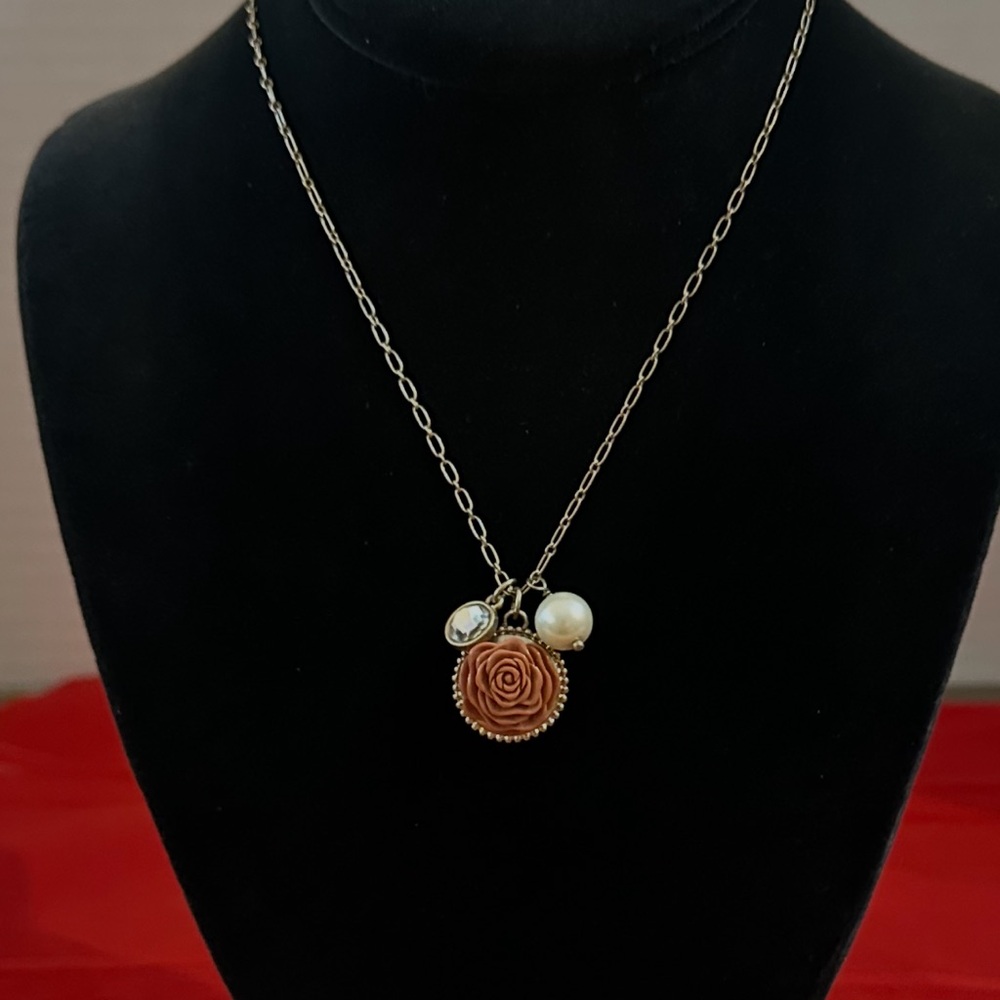 Lia Sophia Vintage Gold Necklace with Stamped Rose/Crystal/Pearl Pendant